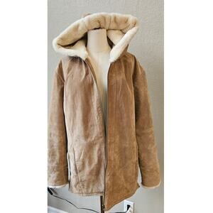 St. John's Bay Leather Washable Suede Coat Parka Hood Faux Fur Lined HEAVY Large